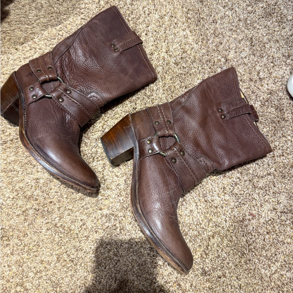 Frye Brown Heeled Boots with Buckle Detail